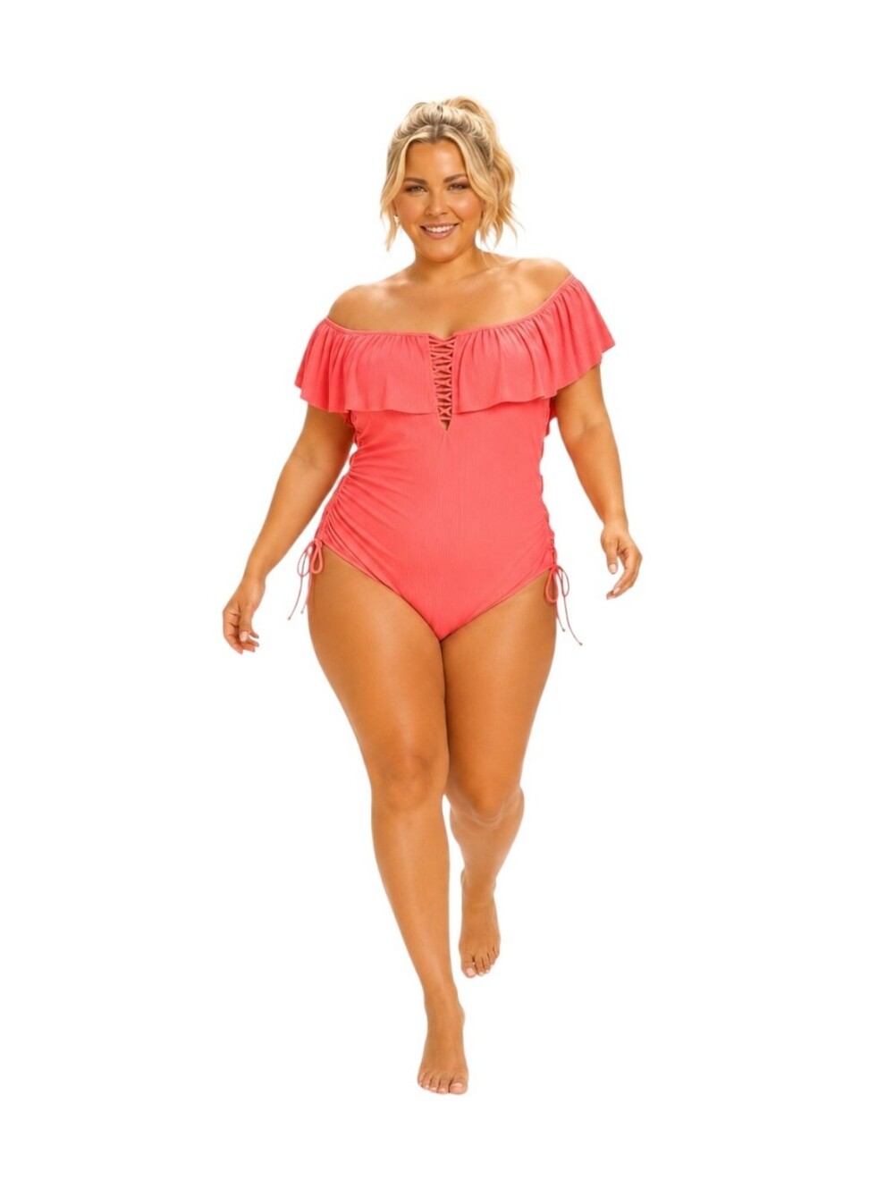 Coastal Waves 3X Coral Fire Ribbed Off Shoulder Lace Up One Piece Swimsuit NWT